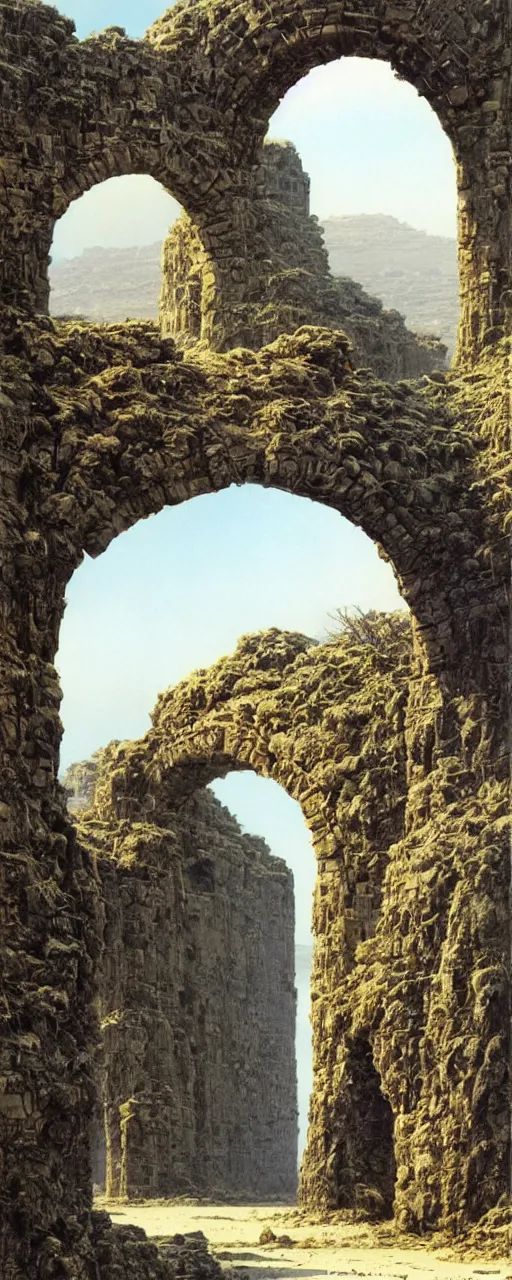 Prompt: A large stone archway, archway, through which can be seen a desolate savannah, by Bruce Pennington