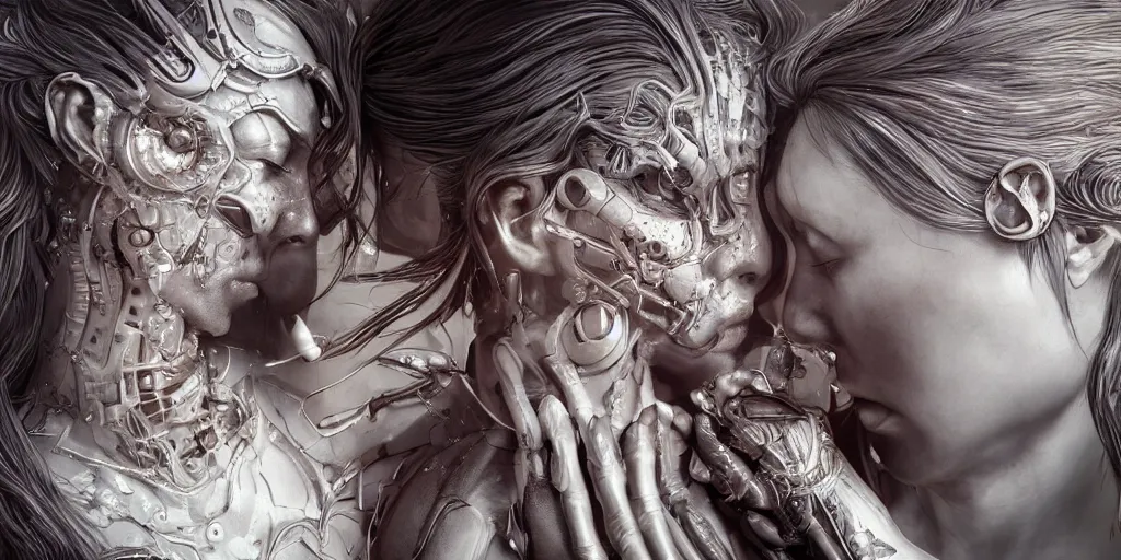 Image similar to hyperrealistic photography of a stunningly cyborg female, intimate, holding hands, kissing, in the style of beth cavener, jin kagetsu,, and wlop, highly detailed, intricate filigree, chrome face symmetry, masterpiece, award - winning, sharp focus, concept art, high key, ambient lighting, 8 k, octane render, artstation