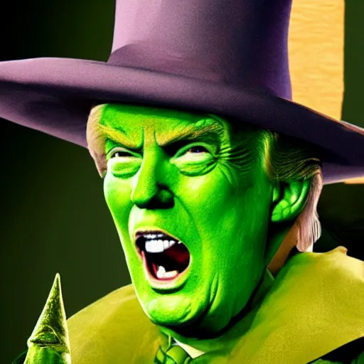 Prompt: trump in the style of wicked witch of the west with green skin, high quality movie still