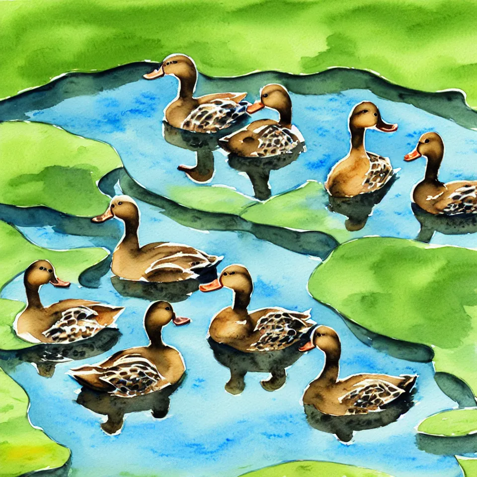 Image similar to watercolor of 3 ducks and 1 frog having a conversation on the side of a pond,