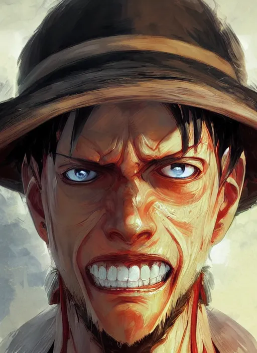 Image similar to a professional digital art of luffy, symmetrical facial features, intricate, concept art, sharp detail, smooth render, art style by Ruan Jia and Mandy Jurgens and Ian Spriggs and William-Adolphe Bouguerea