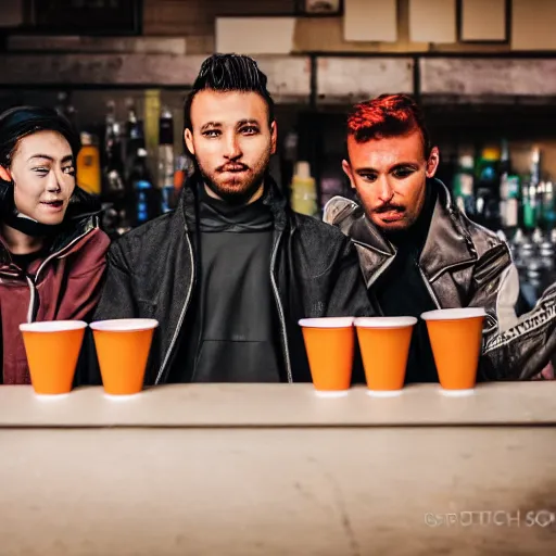 Prompt: photograph of retro techwear people holding solo cups loitering near the bar of a busy rundown nightclub, retrofuturism, brutalism, cyberpunk, sigma 85mm f/1.4, 35mm, 4k, depth of field, high resolution, 4k, 8k, hd, highly detailed, full color