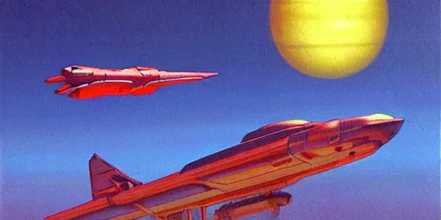 Image similar to ”retrofuturistic red spaceship flying low over the atmosphere of a green jungle planet down below with a yellow sun in the background, art by vincent di fate”