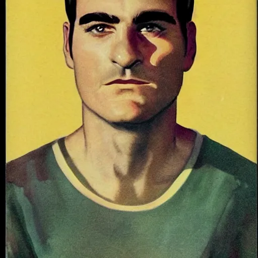 Image similar to “Joaquin Phoenix portrait, color vintage magazine illustration 1950”