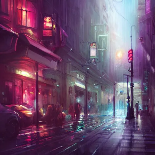 Image similar to a beautiful paiting of Night Life of downtown street by Ross Tran, dark ambient, beautiful, UHD, hyperrealism, Surreal and Fantasy Art, absurdist