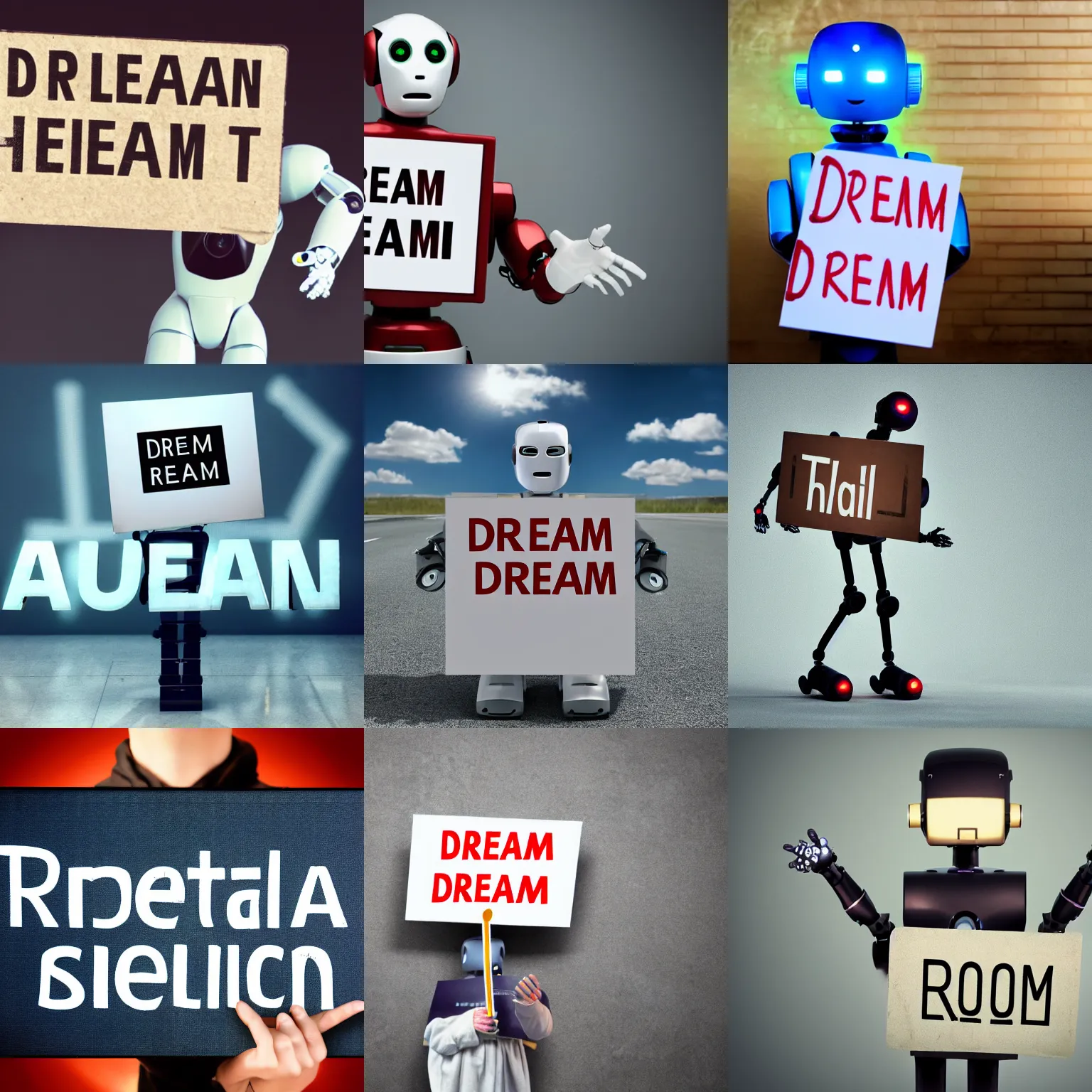 Prompt: realistic high quality photo of artificial intelligence robot holding a sign with text that reads : dream