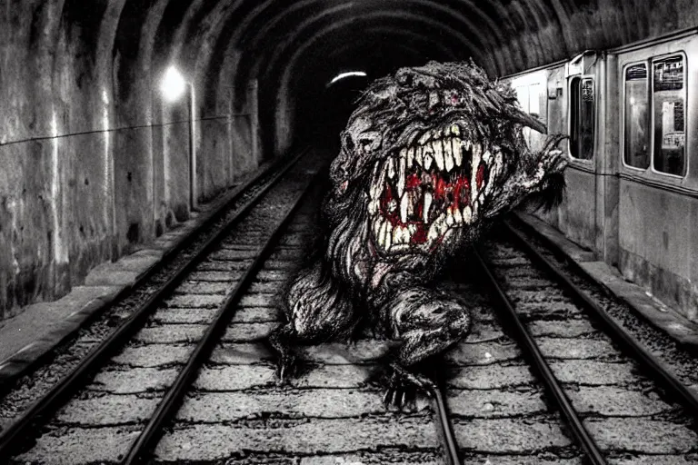 Prompt: very large giant mutant zombie irradiated ( angry rat ) staying on railways in tonnel of moscow subway. extreme high detail, very realistic. extreme long shot, low dark light, scary mood, anish kapoor, herman nitsch.