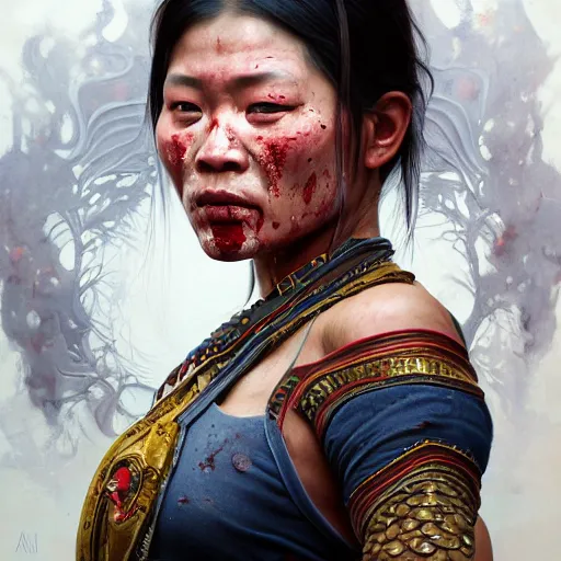 Prompt: portrait painting of a muscular bloodied nepali female butcher, ultra realistic, concept art, intricate details, eerie, highly detailed, photorealistic, octane render, 8 k, unreal engine. art by artgerm and greg rutkowski and alphonse mucha