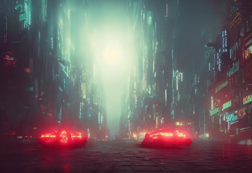 Image similar to a dramatic epic ethereal stunning beautiful and insanely detailed matte painting of a Blade Runner movie still, lens flares, atmospheric and vaporwave composition, digital art by John Martin and Simon Stalenhag, winning-award masterpiece, fantasy, octane render, 8K HD Resolution, High quality image