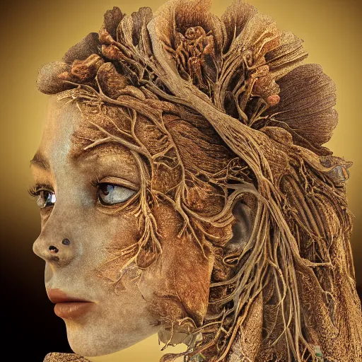 Image similar to beatifull face portrait of a woman, 150 mm, anatomical, flesh, flowers, mandelbrot fractal, facial muscles, veins, arteries, intricate, golden ratio, full frame, microscopic, elegant, highly detailed, ornate, ornament, sculpture, elegant , luxury, beautifully lit, ray trace, unreal, 3d, PBR, in the style of peter Gric , alex grey and Romero Ressendi