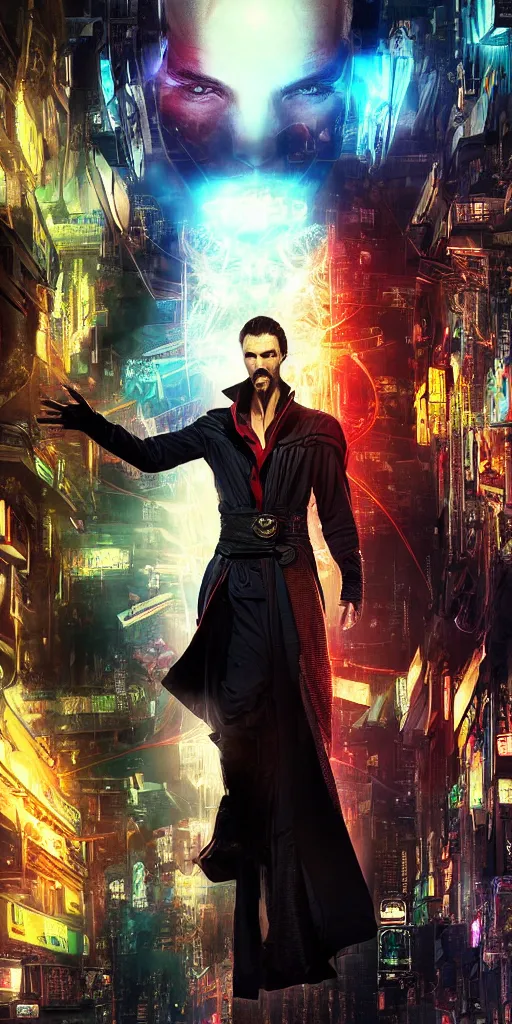 Image similar to cyberpunk, dr strange, photograph, cyborg, robot,, cinematic,