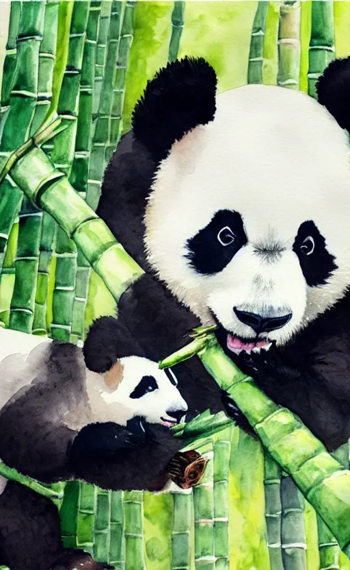 Image similar to a watercolor painting of a panda eating bamboo, dynamic lighting, photorealistic, ambient lighting, atmospherical, stunning visuals, trending on art station