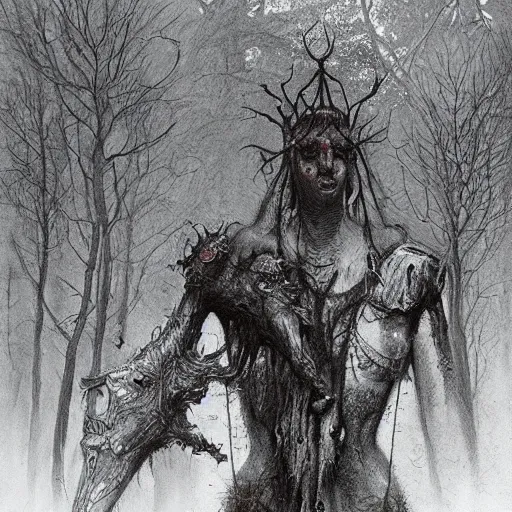 Image similar to occult sacrifice in the woods, skinwalkers involved, detailed concept art beksinski style