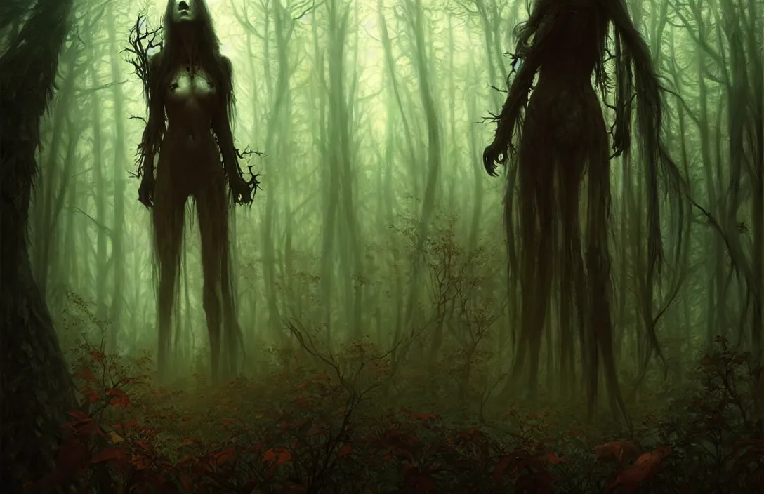 Image similar to monster inside a dark horror forest, heroic lighting, folklore, intricate, elegant, highly detailed, lifelike, photorealistic, digital painting, artstation, illustration, concept art, smooth, sharp focus, art by John Collier and Albert Aublet and Krenz Cushart and Artem Demura and Alphonse Mucha