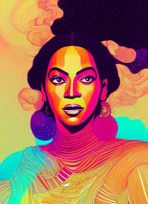 Prompt: portrait of beyonce, artstation winner by victo ngai, kilian eng and by jake parker, by conrad roset, swirly vibrant color lines, winning award masterpiece, fantastically gaudy, aesthetic octane render, 8 k hd resolution