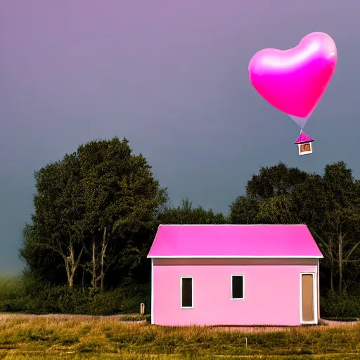 Image similar to a 5 0 mm lens photograph of a cute pink floating modern house, floating in the air between clouds, inspired by the movie up, held up from above by a heart - shaped ballon. mist, playful composition canon, nikon, award winning, photo of the year