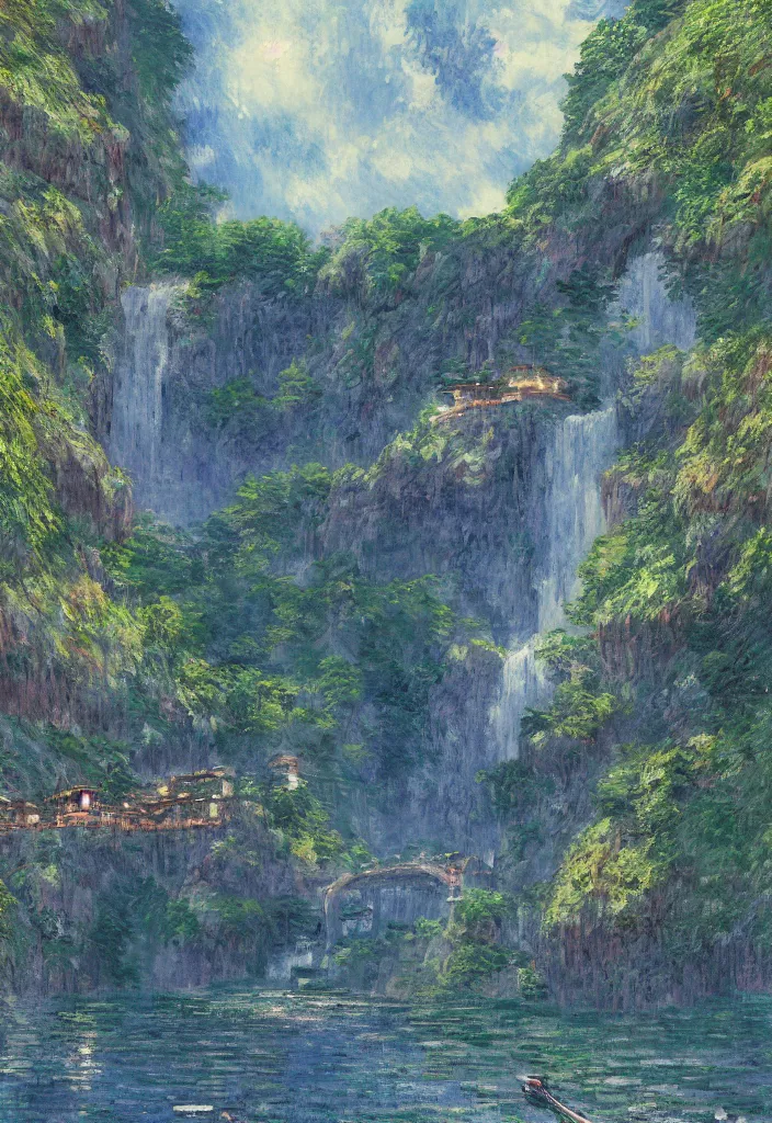 Image similar to a japanese city in the mountain surrounded by waterfall. cyberpunk, boats flying. beautiful blue sky. gorgeous epic nature, lofi, vivid colors, amazing light, by jeremy lipkin, by claude monet, heavily inspired by makoto shinkai, inspired by ghibli, masterpiece, multiple brush strokes, impressionist style