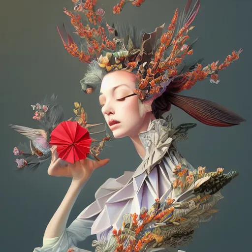 Prompt: 3 / 4 view of a beautiful girl wearing an origami dress, eye - level medium shot, fine floral ornaments in cloth and hair, hummingbirds, elegant, by eiko ishioka, givenchy, tyler edlin, by peter mohrbacher, centered, fresh colors, origami, fashion, detailed illustration, vogue, japanese, reallusion character creator