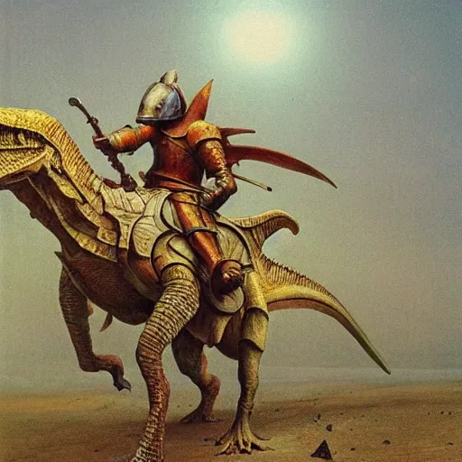 Image similar to a knight riding a dinosaur in full armor, beksinski