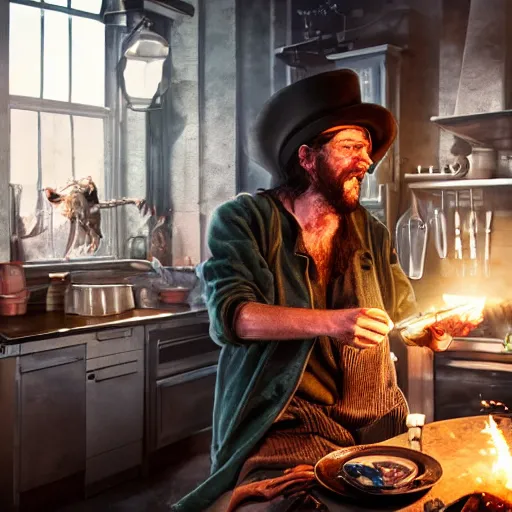 Prompt: british magical hobo breaks into some ork's kitchen and attacks them, 4 k, detailed, real life photo, sharp focus, photorealistic, cyberpunk