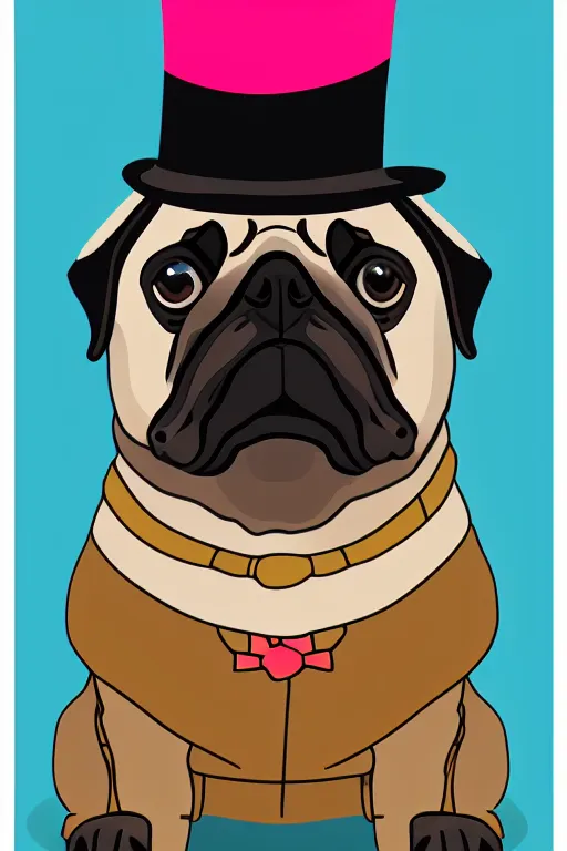 Image similar to A portrait of a pug with a top hat, sticker, colorful, illustration, highly detailed, smooth and clean vector curves, no jagged lines, vector art, smooth