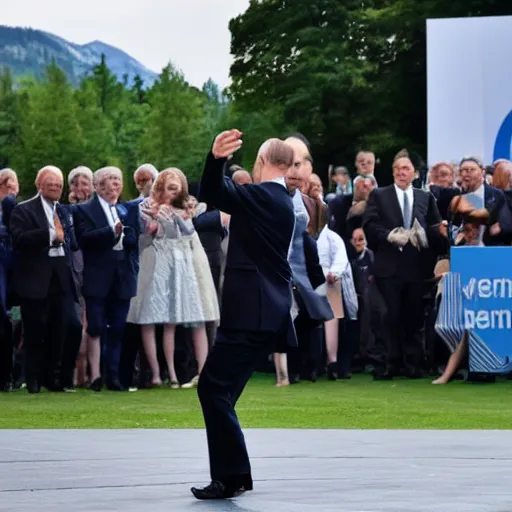 Prompt: vladimir putin dancing at g 7 summit central stage