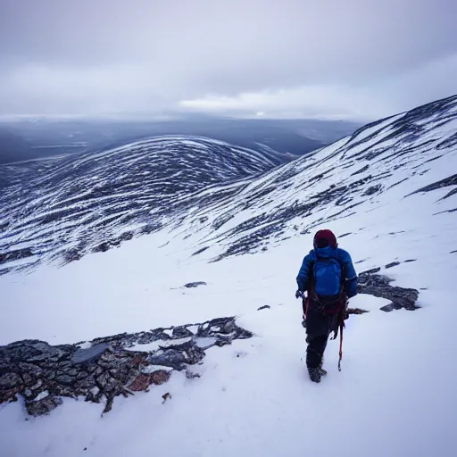 Image similar to trekking in the Halti mountain in the northen Finland, in style of Greg Rutkowski, width 768