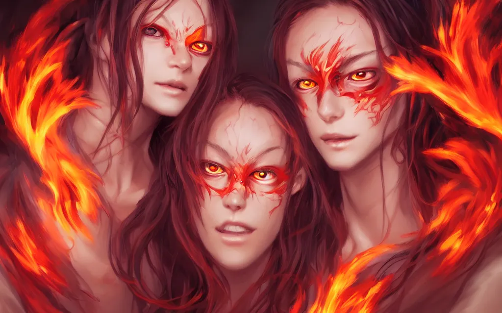 Prompt: A realistic anime portrait of a beautiful fire spirit twins with glowing red eyes and firey skin wearing clothes made of flames, digital painting, by Stanley Artgerm Lau, Sakimichan, WLOP and Rossdraws, digtial painting, trending on ArtStation, SFW version