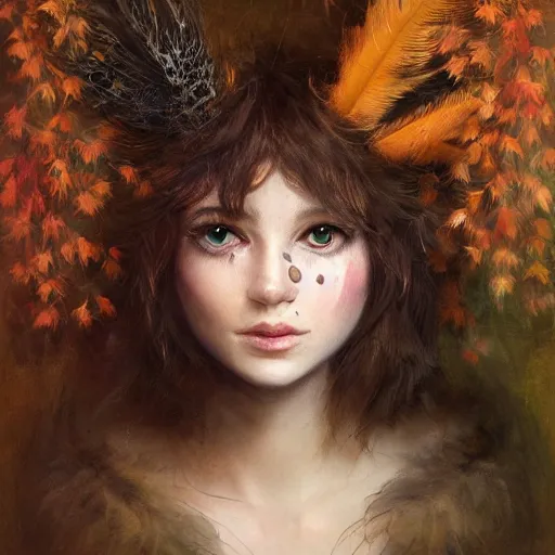 Image similar to portrait character design, a cute feathered cat in an autumn forest, feathers plumage, plumed by brian froud, portrait studio lighting by jessica rossier and brian froud and gaston bussiere