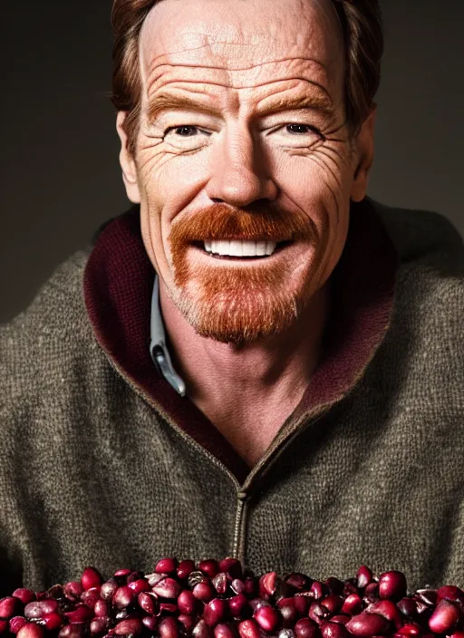 Prompt: closeup portrait of bryan cranston happy face surrounded by cranberries, food photography, natural light, sharp, detailed face, magazine, press, photo, steve mccurry, david lazar, canon, nikon, focus