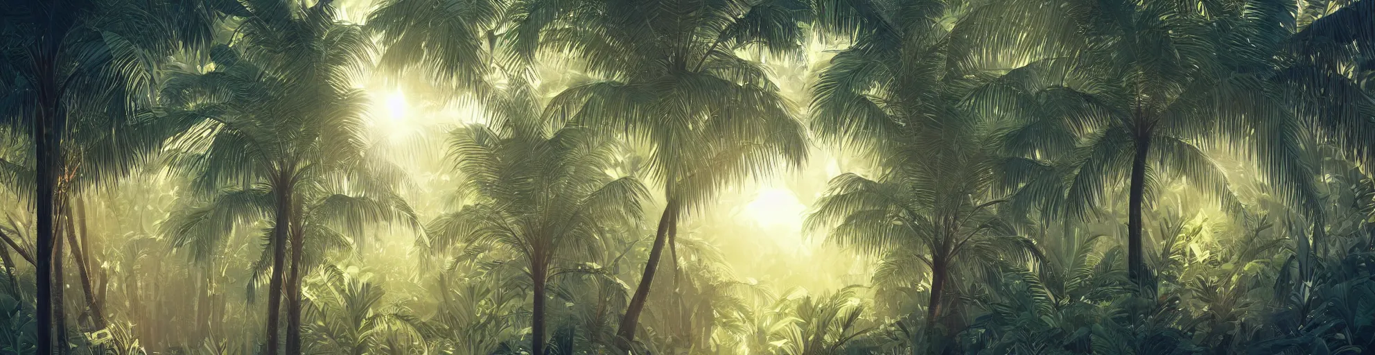 Prompt: Beautiful magical palm fabulous trees frame. palm Forest landscape, sun rays illuminate the leaves and branches of trees. Magical summer palm forest, trending on artstation, 50mm, by Noah Bradley