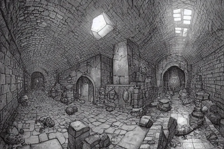 Image similar to black and white one point perspective meadhall dungeon cozy fantasy dungeon hallway view with pit in the middle of the ground by artgerm and Craig Mullins, James Jean, Andrey Ryabovichev, Mark Simonetti and Peter Morbacher 16k