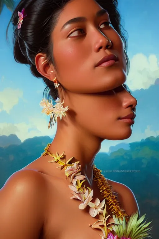 Prompt: body portrait of hawaiian princess wearing a lea, by terry o'neill intricate, elegant, highly detailed, digital painting, glistening skin, artstation, concept art, smooth, sharp focus, contrasting lighting, bright colors, dark background, illustration, art by artgerm and greg rutkowski and alphonse mucha, 8 k