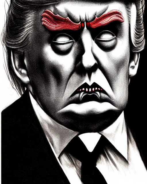 Image similar to dracula donald trump, character portrait, close up, concept art, intricate details, highly detailed, hyperrealism in the style of otto dix and h. r giger