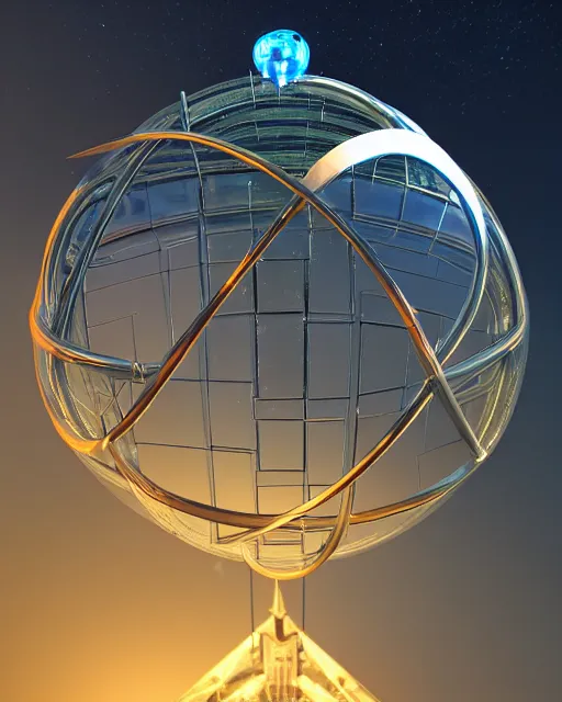 Prompt: futuristic glass armillary sphere, sci - fi, mechanical parts, intricate, highly detailed, complex 3 d render by simon stalenhag, thomas kinkade, greg rutkowski, craig mullins, ray tracing, unreal engine, blender, sharp focus, luminous, glass, ray of lights, fractal crystal
