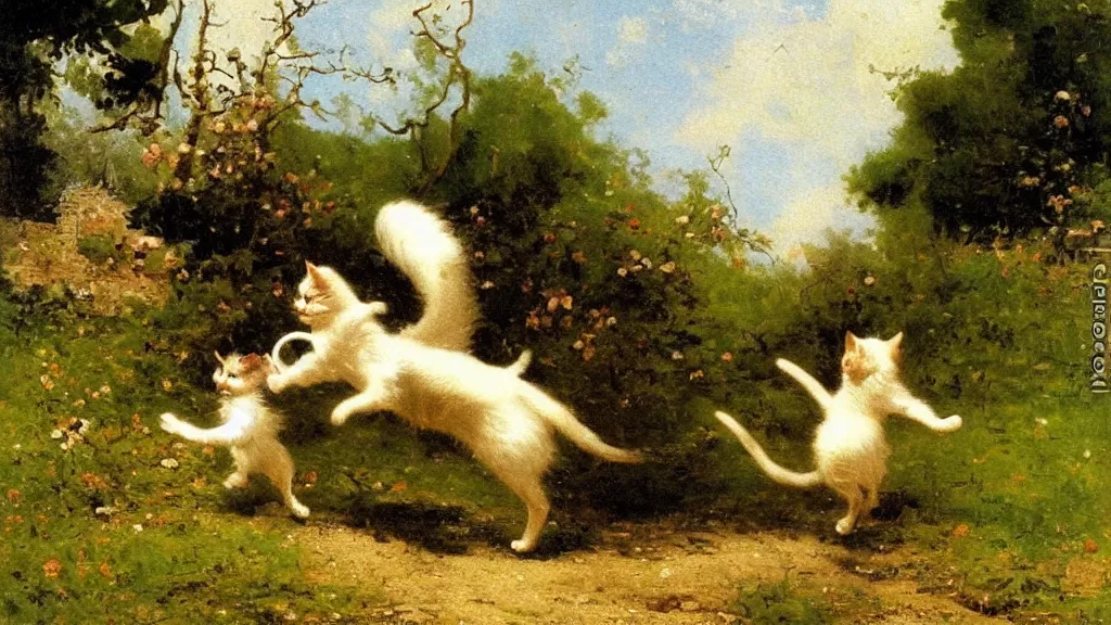 Prompt: carl spitzweg painting or a cat chasing a fairy in a sunny spring