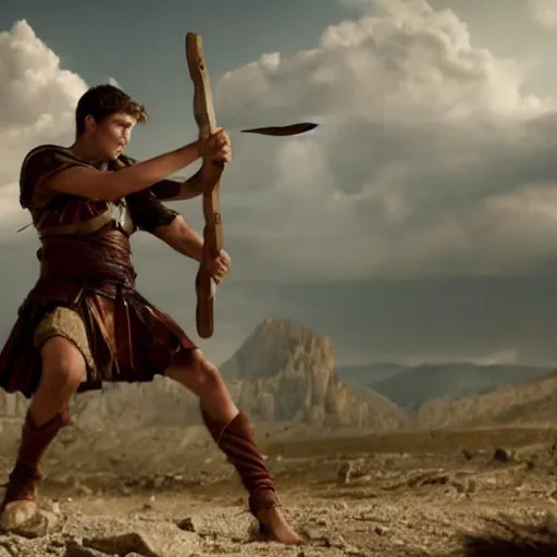 Image similar to handsome 17 year old boy in a Biblical outfit holding a slingshot to fight against the giant Goliath, epic, cinematic lighting, directed by Zack Snyder