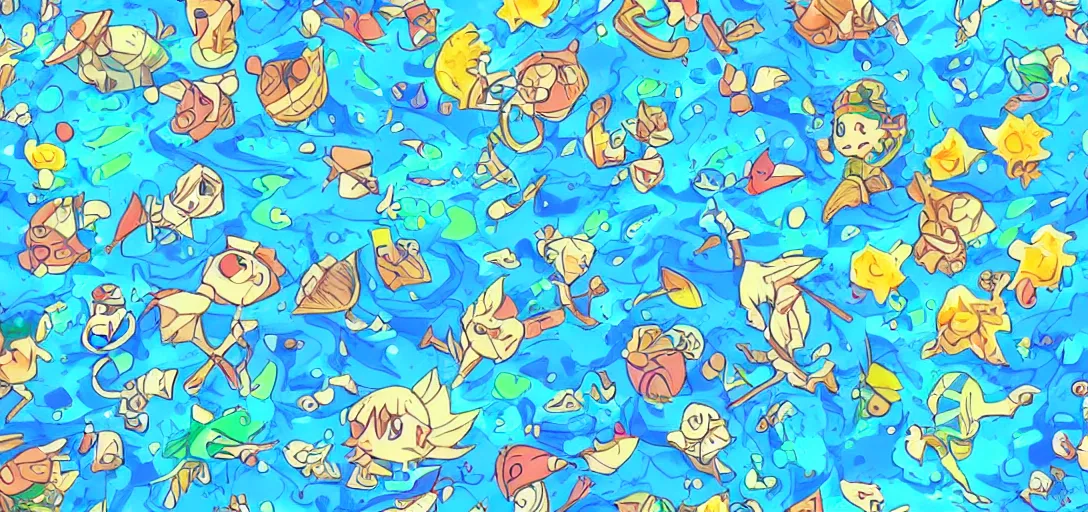 Prompt: pattern of water, zelda wind waker vibes, animal crossing vibes, summer vibes, colorful