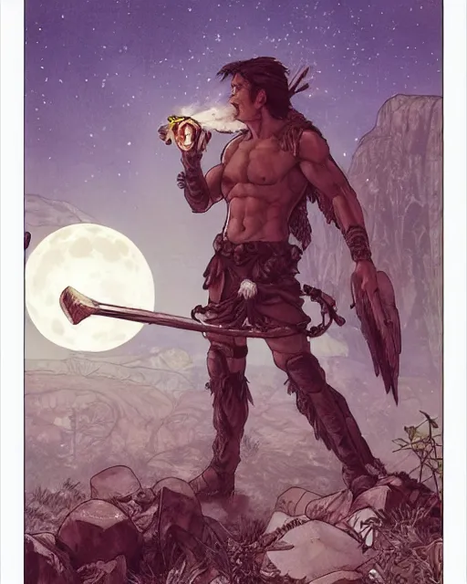 Image similar to spartan drinking tea at campfire with trichocereus background and smoke haze, wolf howling at full moon, photo in the style of the celestine prophecy, wlop, artgerm, greg rutkowski and alphonse mucha yoichi hatakenaka, masamune shirow, josan gonzales and dan mumford, ayami kojima