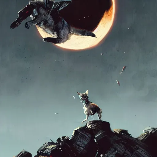 Prompt: chihuahua flying to the moon, dramatic lighting, illustration by greg rutkowski, yoji shinkawa, 4 k, digital art, concept art, trending on artstation