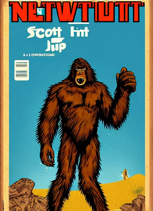 Image similar to bigfoot in retro sci fi pulp newsprint illustration cover