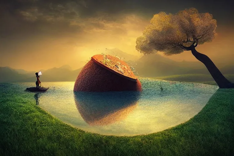 Image similar to a surreal landscape at sunset with a immense gigantic ornated iron chalice cup with a lake inside, water in excess dropping by gediminas pranckevicius