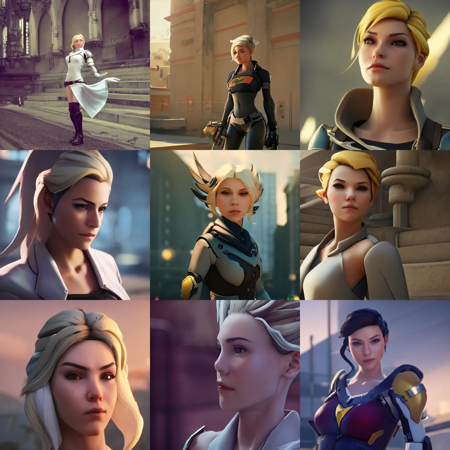 Image similar to film still of a beautiful young woman who looks like a mercy from overwatch in a movie by zack snyder, random background scene