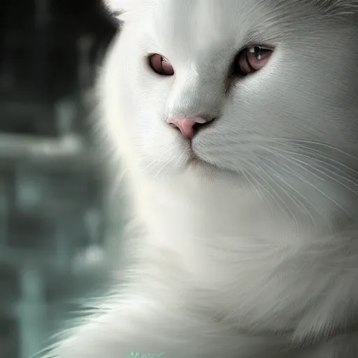 Prompt: white fluffy cat, male, thor, muscular, by wlop, cinematic, dark