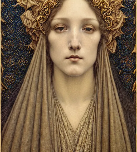 Image similar to detailed realistic beautiful young medieval queen face portrait by jean delville, gustave dore and marco mazzoni, art nouveau, symbolist, visionary, gothic, pre - raphaelite. horizontal symmetry