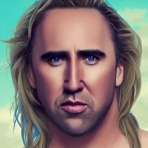 Prompt: a merman swimming through the ocean, long blond hair, with the face of Nicholas Cage, artstation