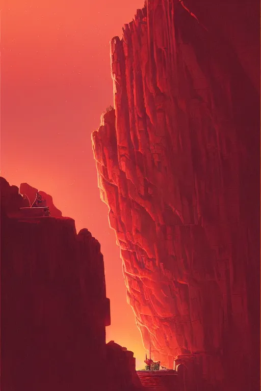 Image similar to ancient red glowing temple on a rocky cliff in a canyon, shooting stars in the black sky, dramatic lighting, artstation, matte painting, ralph mcquarrie, simon stalenhag