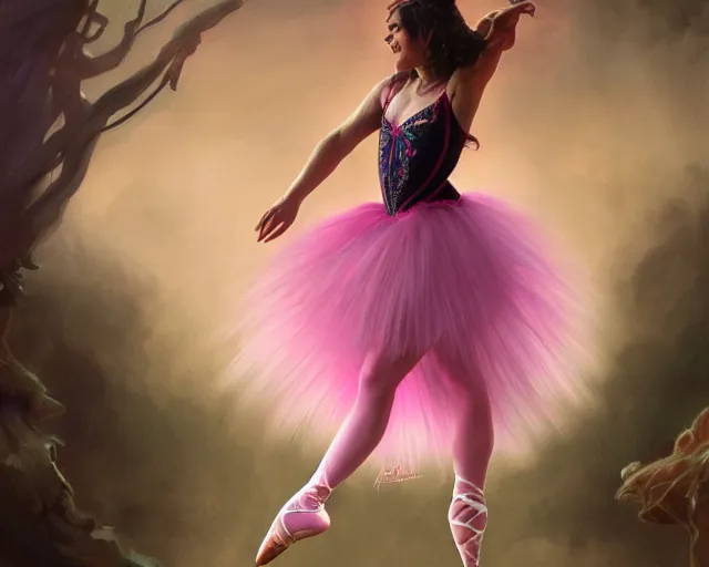 Image similar to photography of jack black dancing in a pink ballerina outfit, full body shot, deep focus, d & d and mtg, fantasy, intricate, elegant, highly detailed, digital painting, artstation, concept art, matte, sharp focus, illustration, hearthstone, art by artgerm and greg rutkowski and alphonse mucha