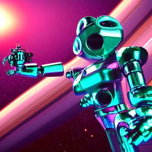 Prompt: 3 d rendered movie still pearlescent robot kitten robots in epic outer space battles and disco dance contests on saturn. science fiction, blockbuster movie, dystopian future, computer - animated science fiction film, imax 7 0 mm, 4 k