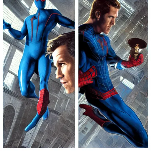 Image similar to ryan reynolds as spider - man, wearing a black and blue suit, cinematic, volumetric lighting, f 8 aperture, cinematic eastman 5 3 8 4 film, photorealistic by greg rutkowski, by stanley artgerm, by alphonse mucha